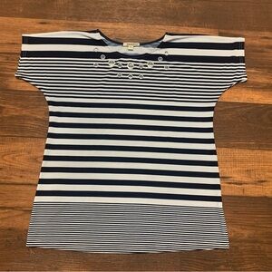 Ana & Kate Navy White Striped Shirt Womens M Chest Ringlets Accent Lightweight